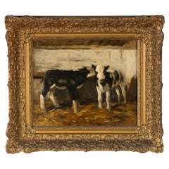 Antique Oil Painting - W.J. Dingemans - Calves in Stable