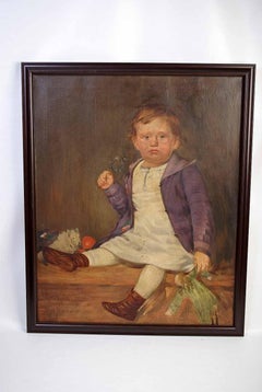 Antique Oil Portrait Young Child with Rattle Signed Portrait H005