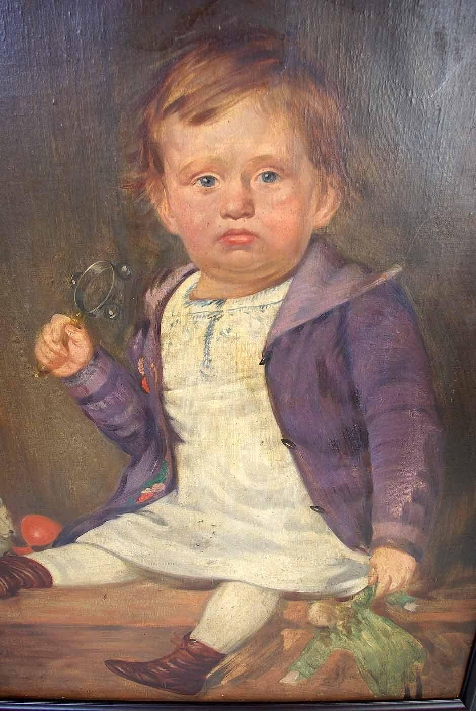 Danish Antique Oil Portrait Young Child with Rattle Signed Portrait H005 For Sale