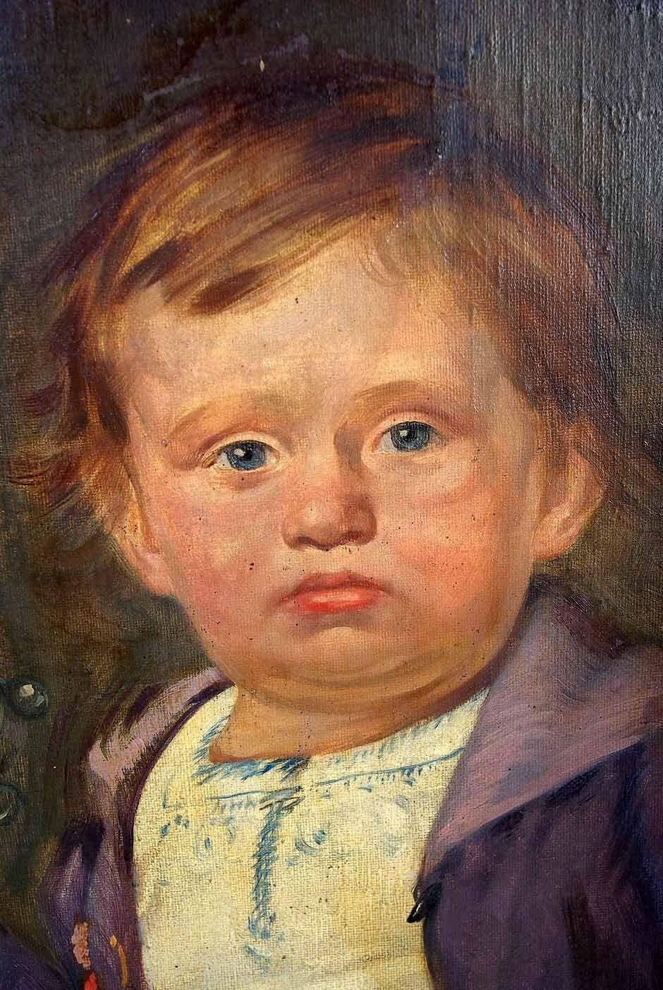 Hand-Painted Antique Oil Portrait Young Child with Rattle Signed Portrait H005 For Sale