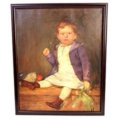Antique Oil Portrait Young Child with Rattle Signed Portrait H005