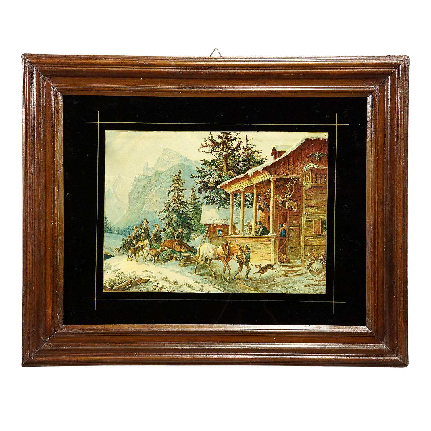 Antique Oil Print with Bear Hunt Scene after Heinrich Buerkel 19th cetntury

A colorful oil print depicting an alpine bear hunt scenery in the Bavarian alps. A hunting crew is returning from their hunt with a shot bear on a sledge. The template