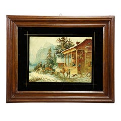 Antique Oil Print with Bear Hunt Scene After Heinrich Buerkel, 19th Century