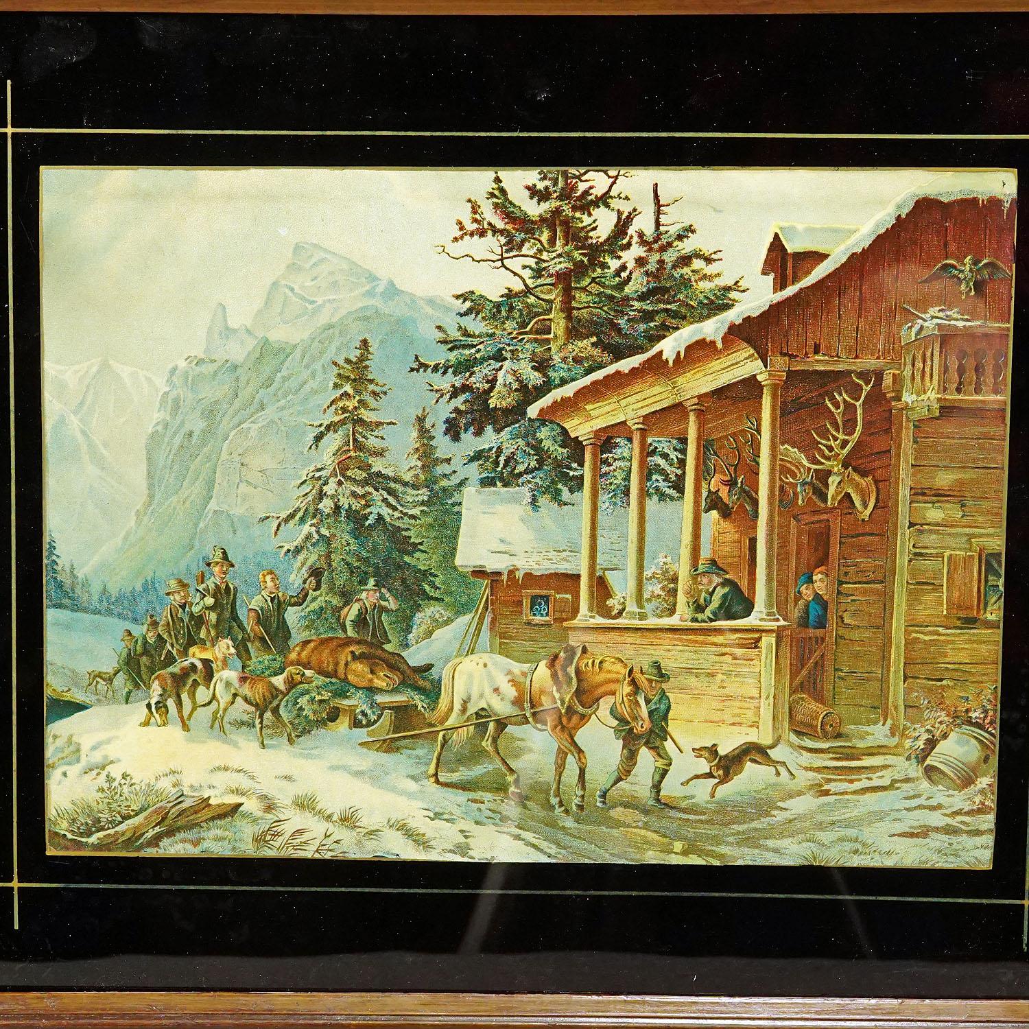 German Antique Oil Print with Bear Hunt Scene After Heinrich Buerkel, 19th Century For Sale