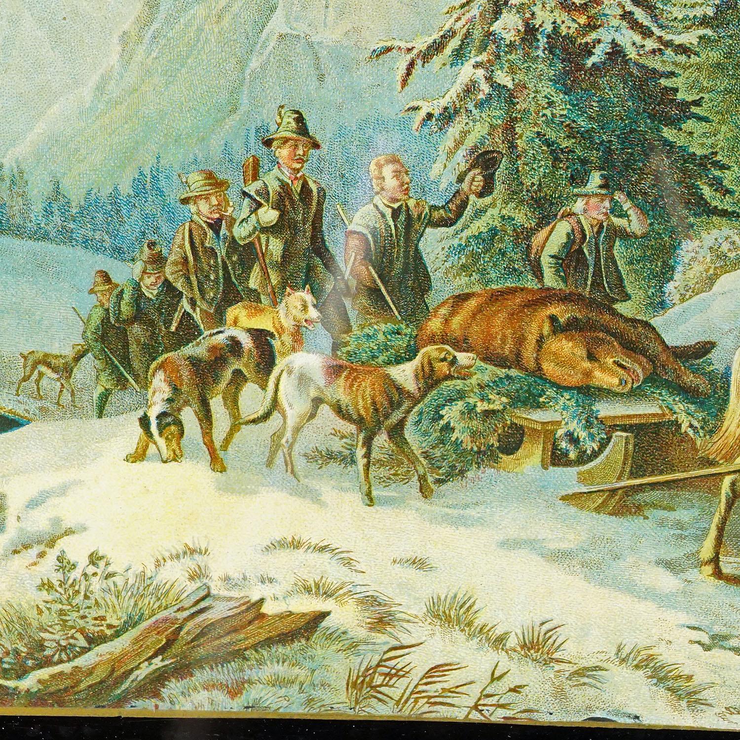 Impression à l'huile ancienne avec scène de chasse d'ours d'après Heinrich Buerkel, 19e siècle Bon état - En vente à Berghuelen, DE