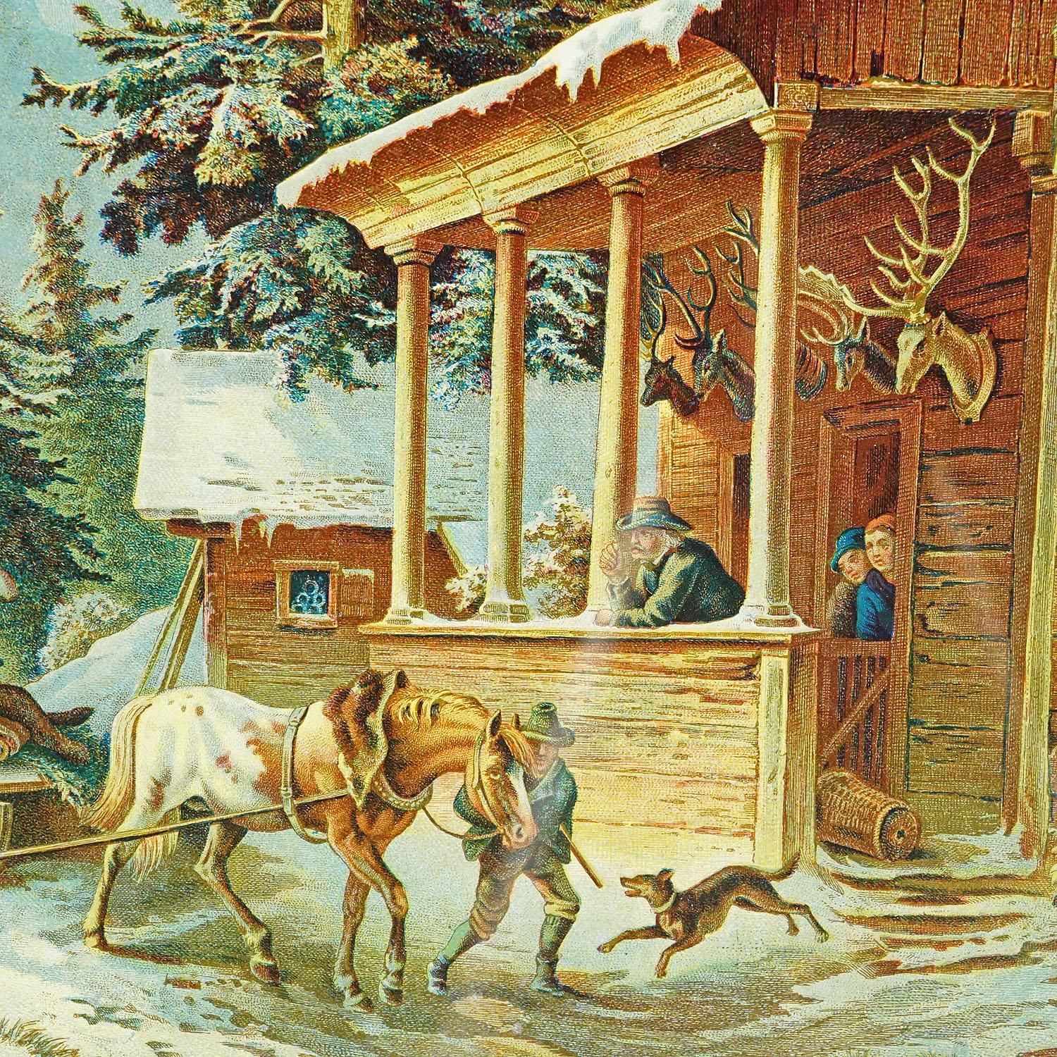 XIXe siècle Impression à l'huile ancienne avec scène de chasse d'ours d'après Heinrich Buerkel, 19e siècle en vente