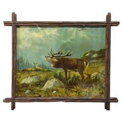 Antique Oil Print with Belling Red Stag, Germany ca. 1900