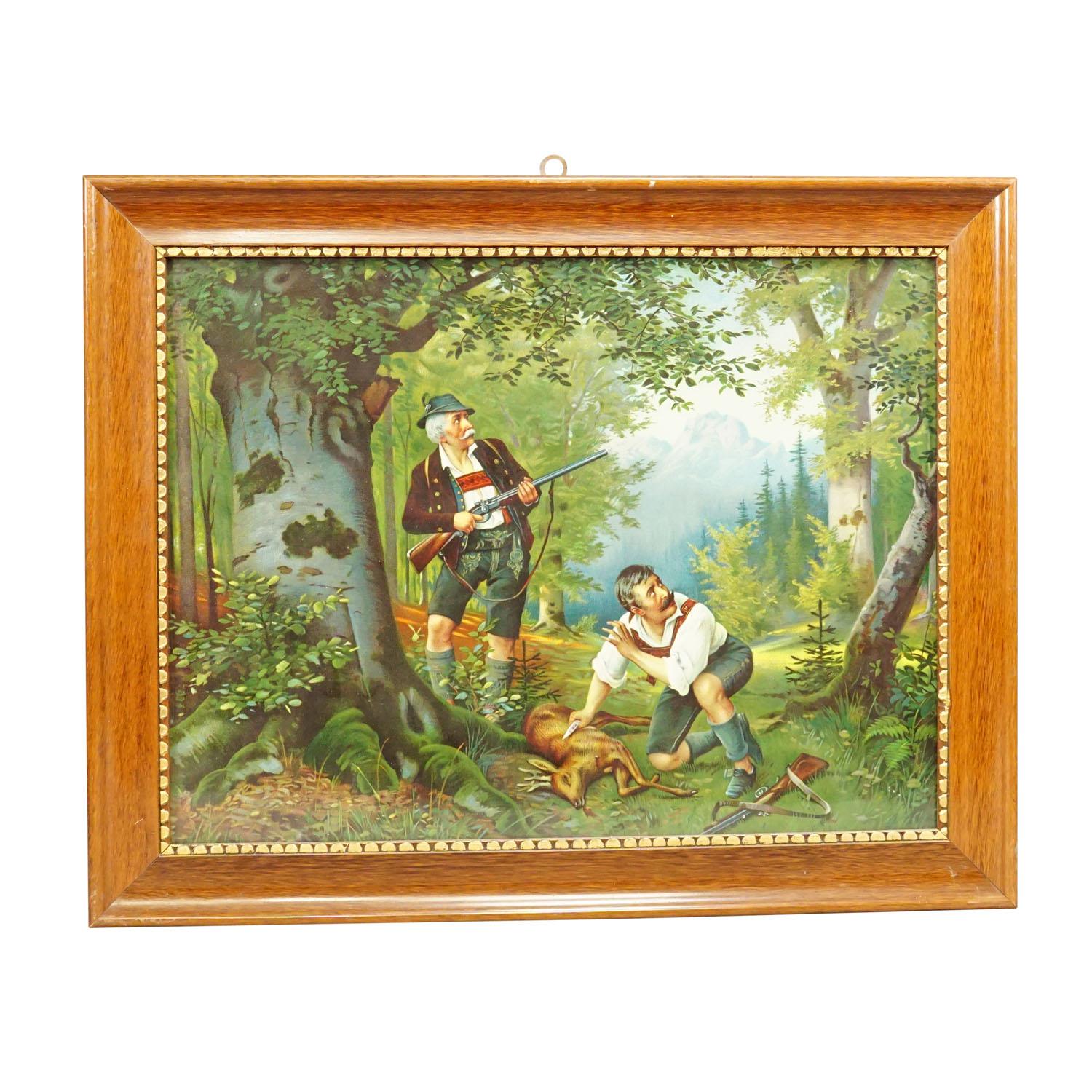 Antique Oil Print with Black Forest Poacher Scene after Josef Ringeisen

A colorful oil print depicting a dramatic poaching scenery in the Bavarian forest. Two poachers are caught in the act by the hunter. The template for this print is a famous