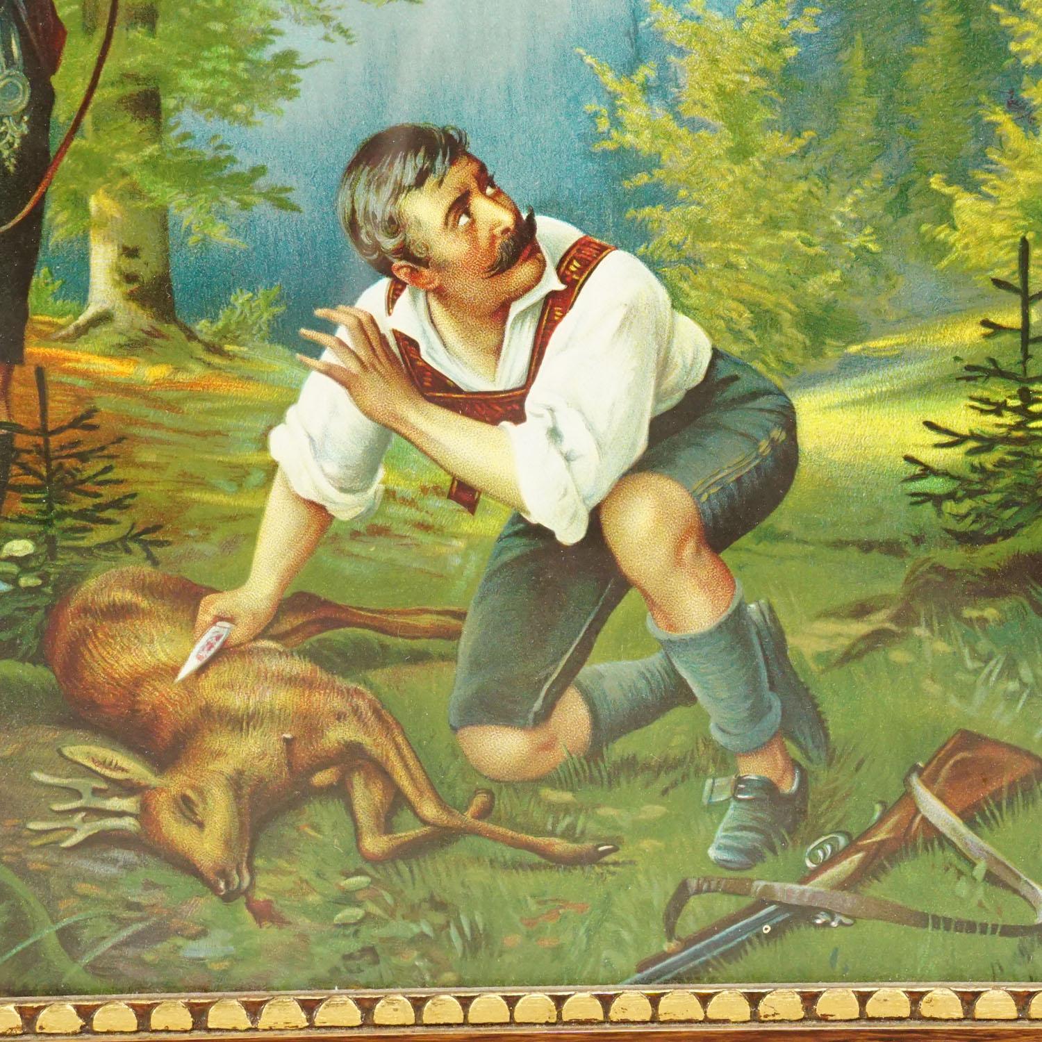Antique Oil Print with Black Forest Poacher Scene after Josef Ringeisen In Good Condition For Sale In Berghuelen, DE