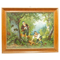 Antique Oil Print with Black Forest Poacher Scene after Josef Ringeisen