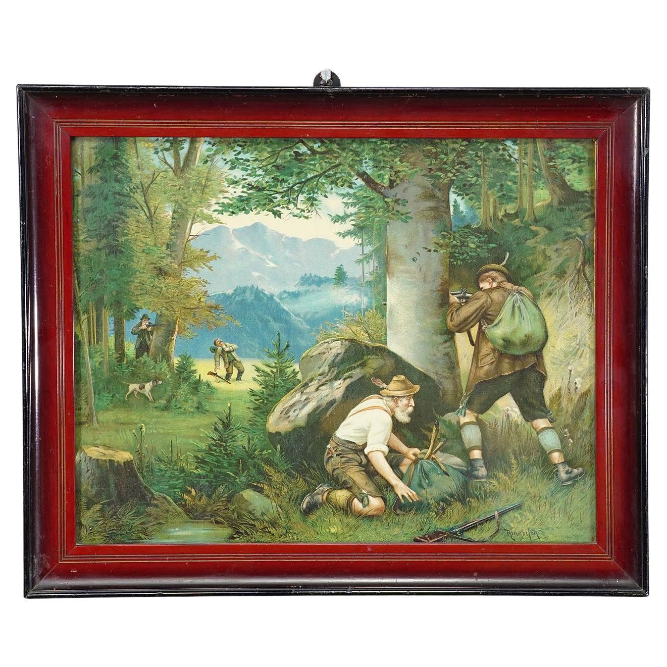 Stampa ad olio antica con scena di bracconiere della Black Forest secondo Josef Ringeisen
