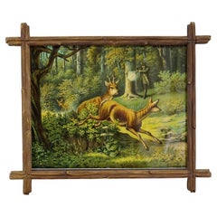 Antique Oil Print with Deer Hunting Scene, Germany ca. 1900