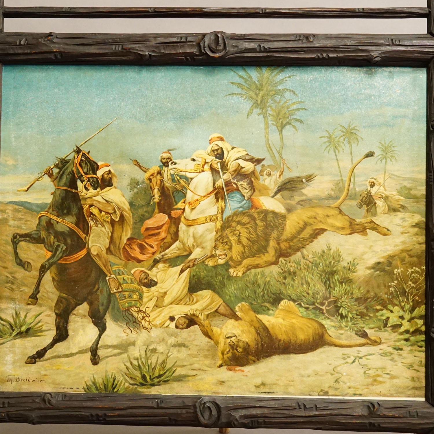 Forêt-Noire Gravure à l'huile ancienne représentant une scène dramatique de chasse au lion en Arabie, 19e siècle en vente