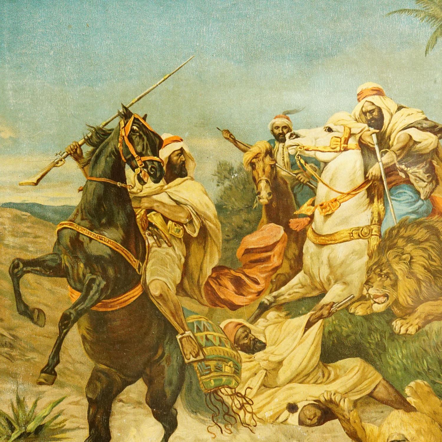 Hand-Carved Antique Oil Print with Dramatic Lion Hunting Scene in Arabia 19th Century For Sale