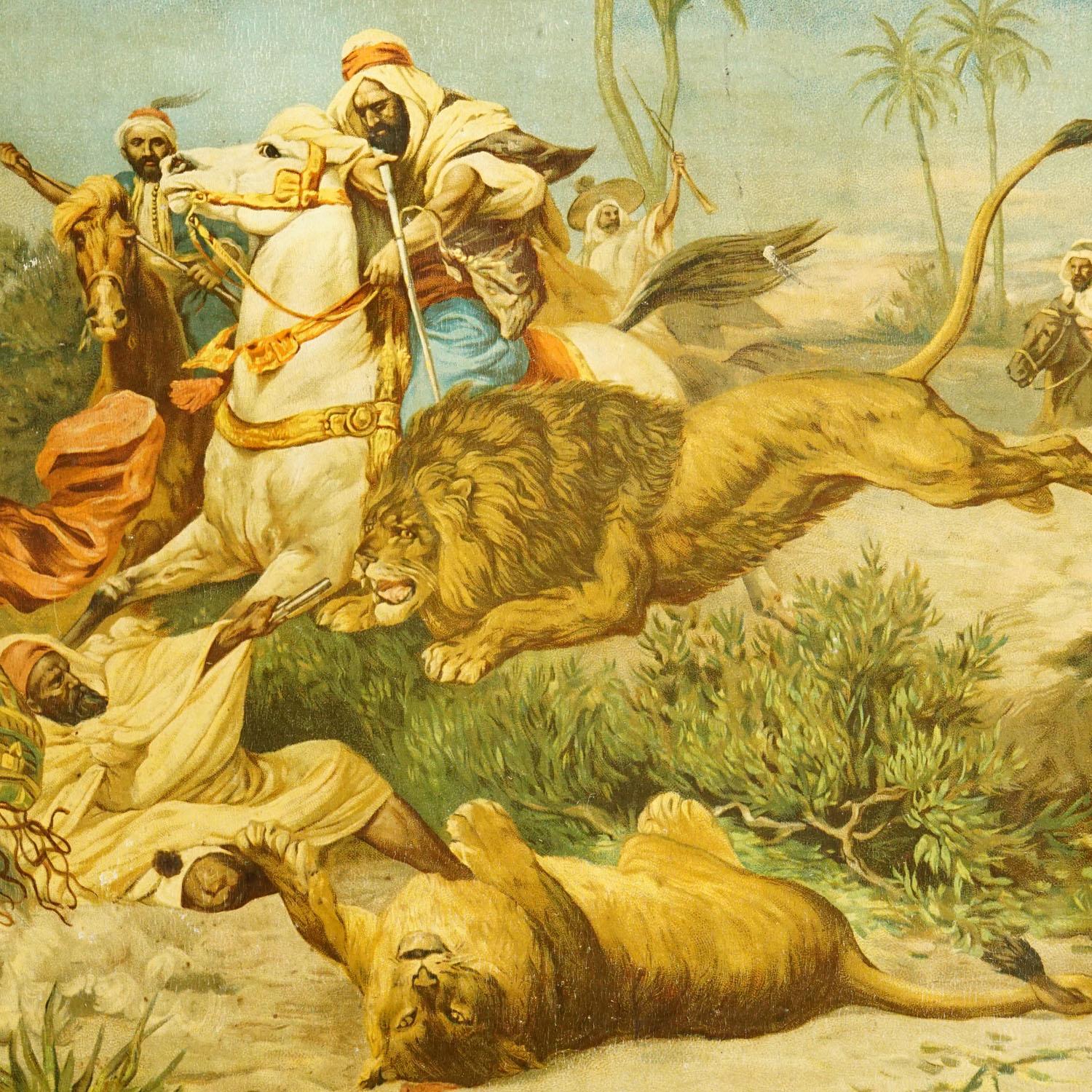 Gravure à l'huile ancienne représentant une scène dramatique de chasse au lion en Arabie, 19e siècle Bon état - En vente à Berghuelen, DE