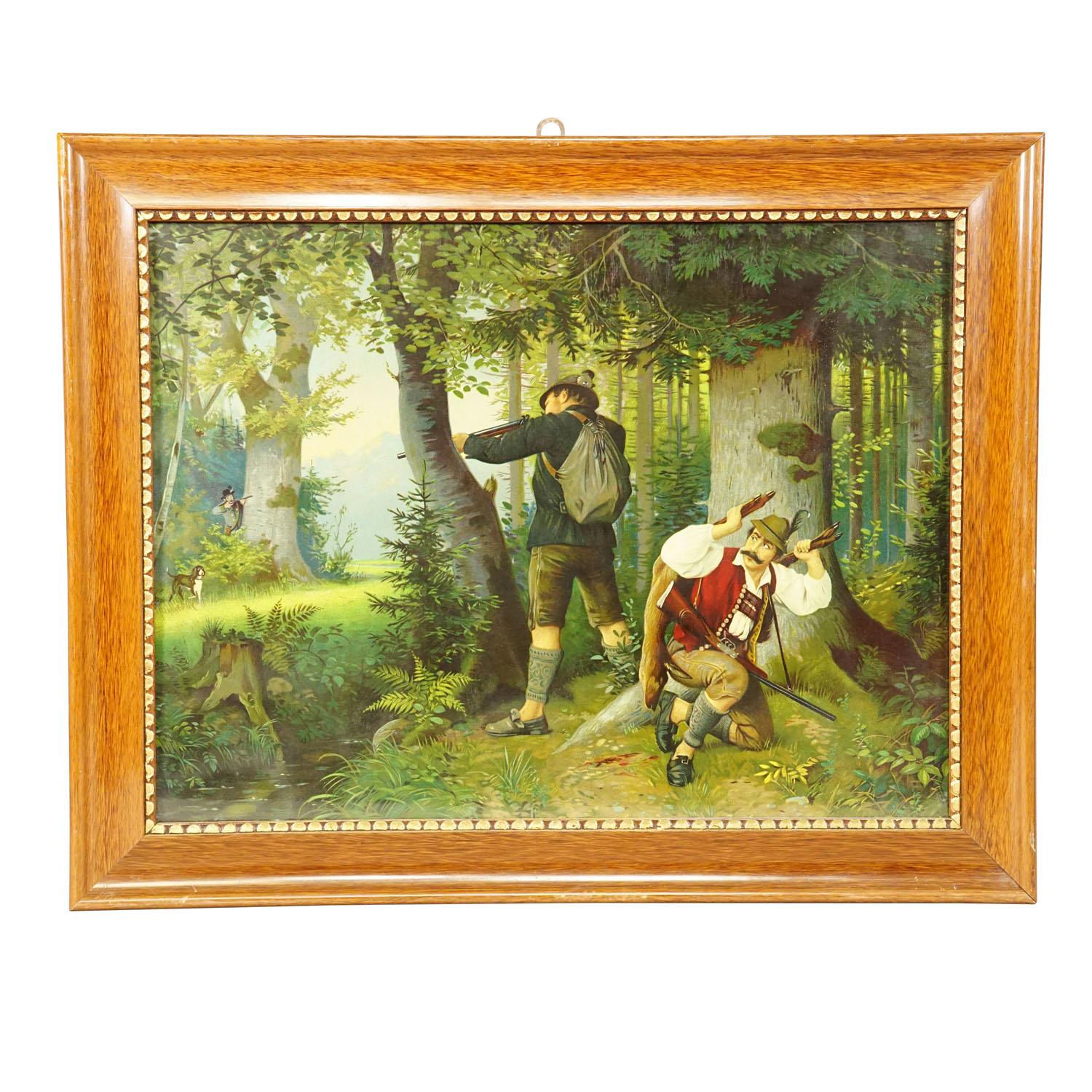 Antique Oil Print with Dramatic Poacher Scene after Josef Ringeisen.

A colorful oil print depicting a dramatic poaching scenery in the bavarian forest. Two poachers are caught in the act and one of them tries to shoot the hunter while the other