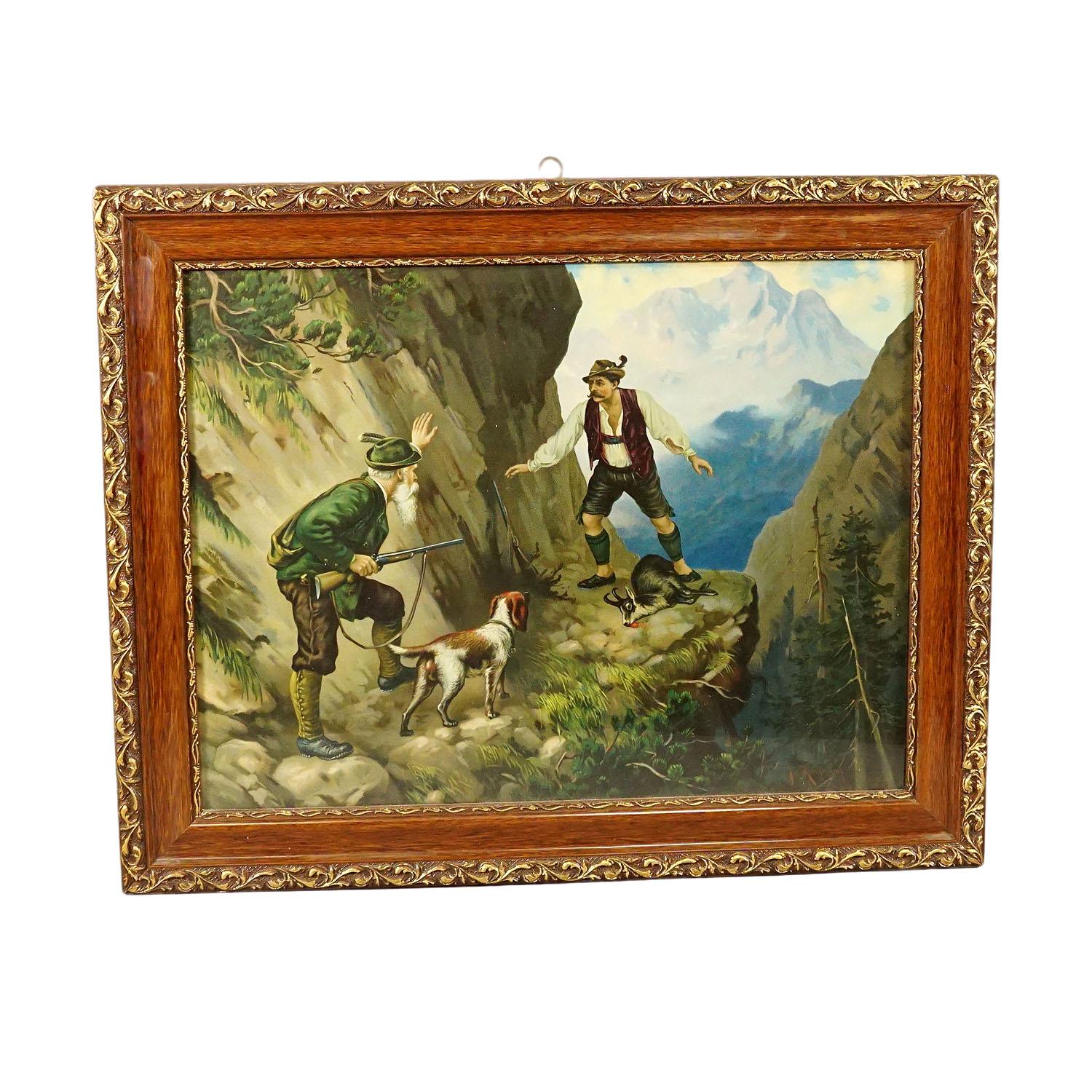 Antique Oil Print with Dramatic Poacher Scene after Josef Ringeisen

A colorful oil print depicting a dramatic poaching scenery in the Bavarian forest. A poacher is caught in the act by the hunter and his staghound. The template for this print is