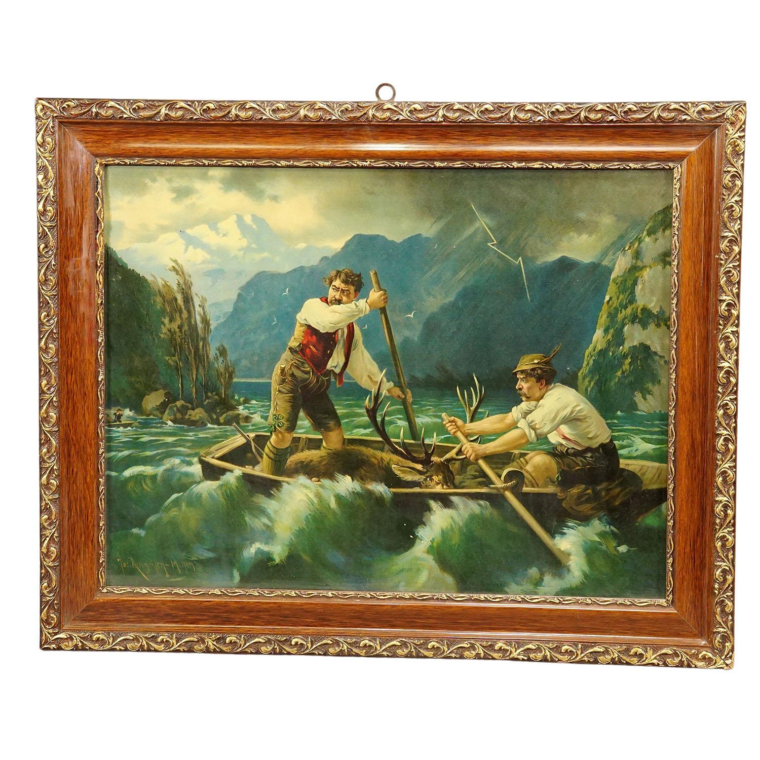 Impression à l'huile ancienne avec scène de pêcheur dramatique d'après Josef Ringeisen

Une gravure à l'huile colorée représentant un paysage dramatique de braconnage dans la forêt bavaroise. Deux braconniers dans un bateau tentent de s'échapper
