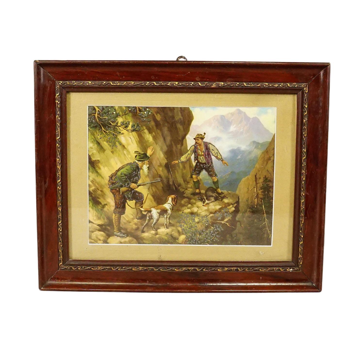 Antique Oil Print with Dramatic Poacher Scene after Josef Ringeisen

A colorful oil print depicting a dramatic poaching scenery in the Bavarian alps. A poacher is caught in the act by the hunter and his staghound. To better emphasize the details,