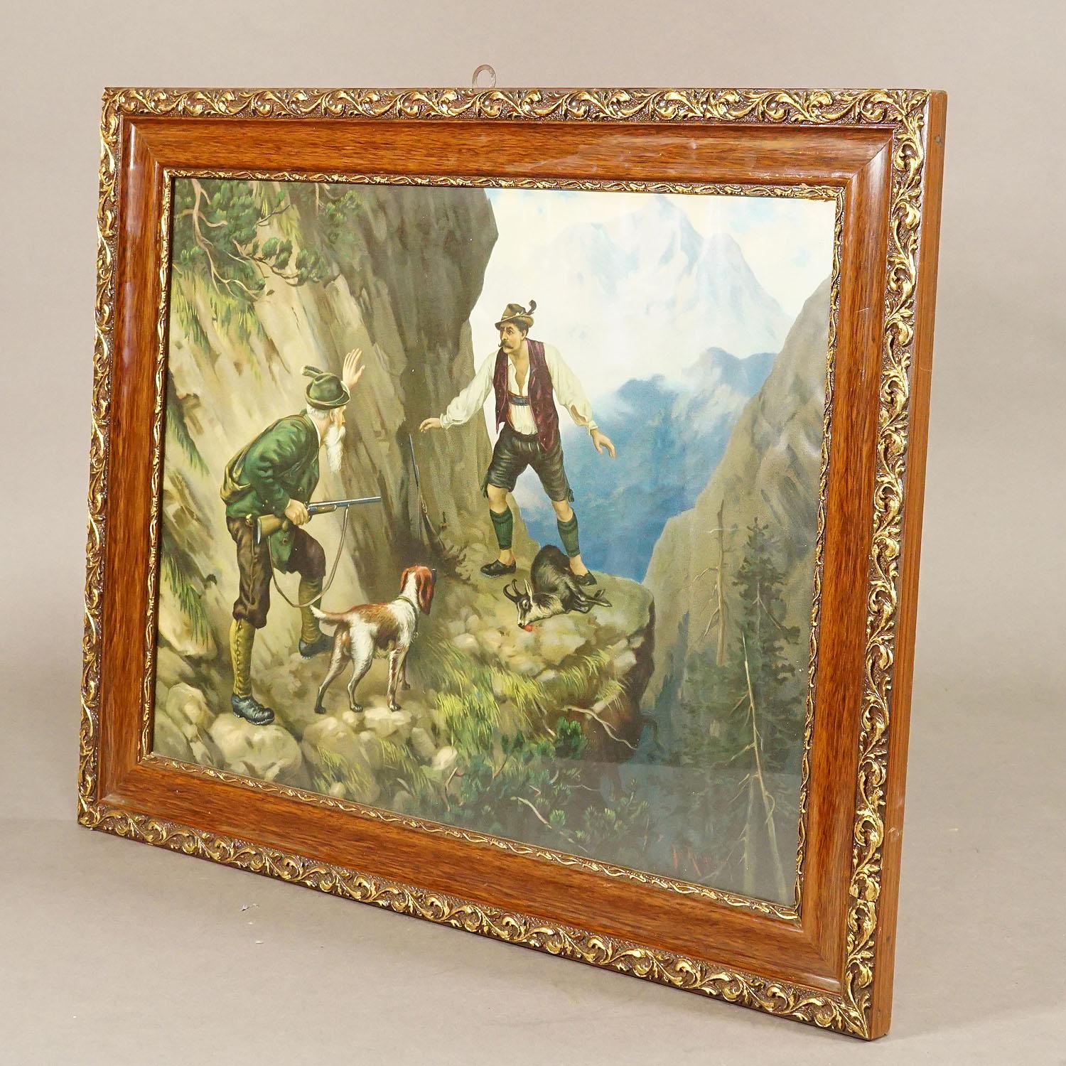 Black Forest Antique Oil Print with Dramatic Poacher Scene After Josef Ringeisen For Sale