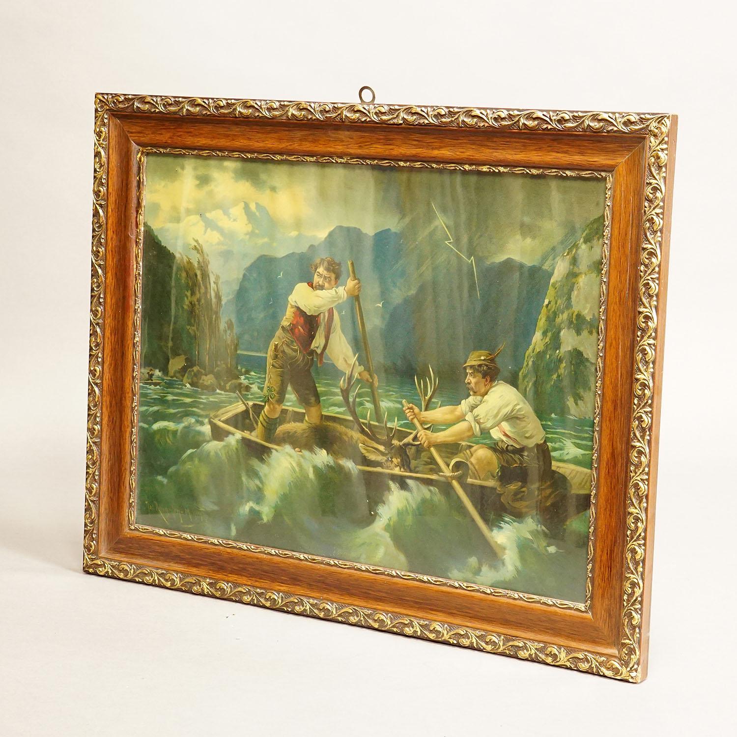 Forêt-Noire Impression à l'huile ancienne avec scène de pêcheur dramatique d'après Josef Ringeisen en vente