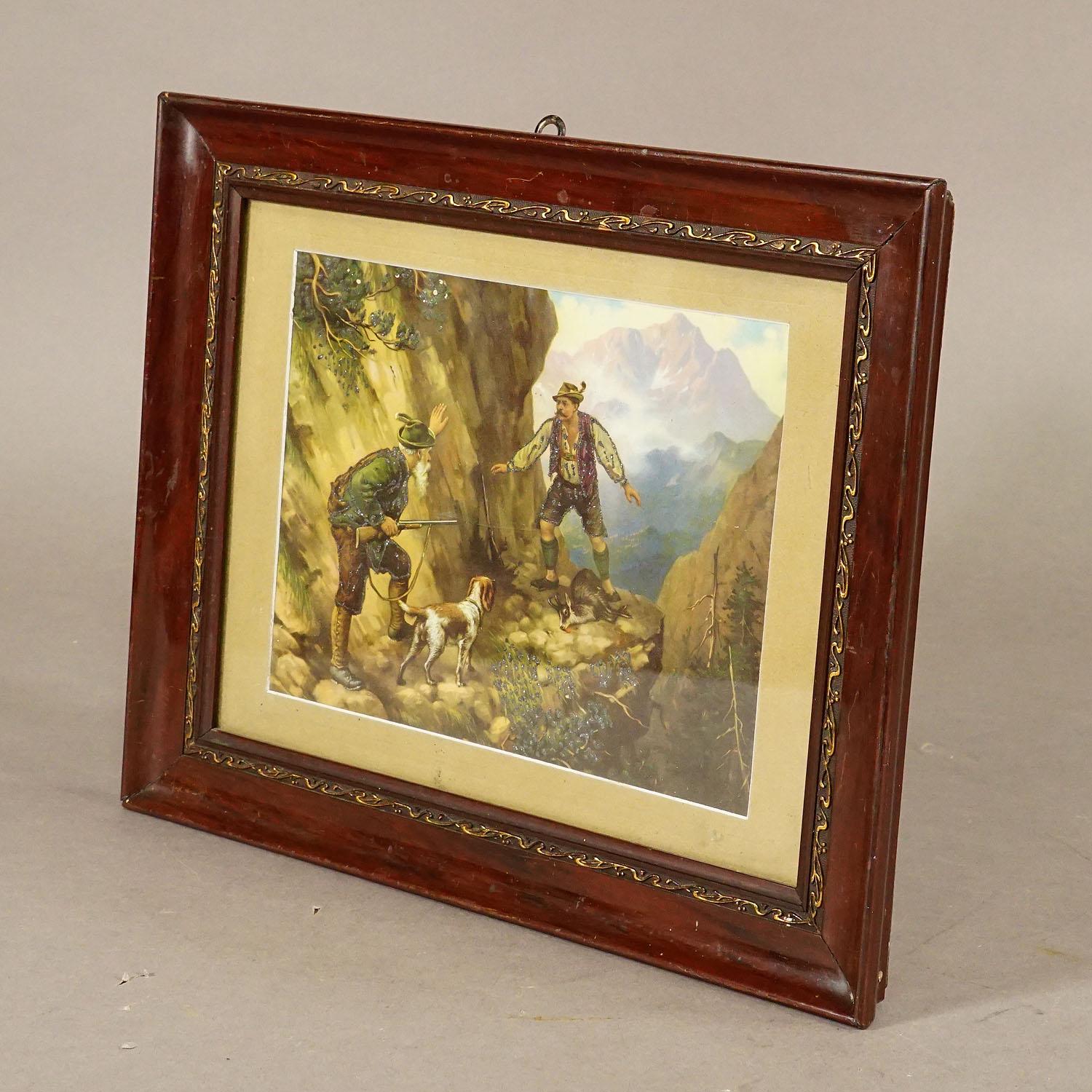Black Forest Antique Oil Print with Dramatic Poacher Scene after Josef Ringeisen For Sale