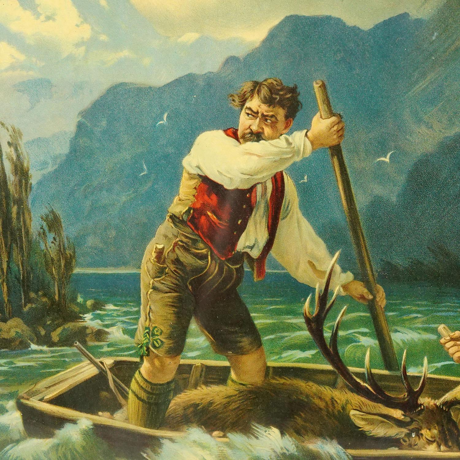Allemand Impression à l'huile ancienne avec scène de pêcheur dramatique d'après Josef Ringeisen en vente