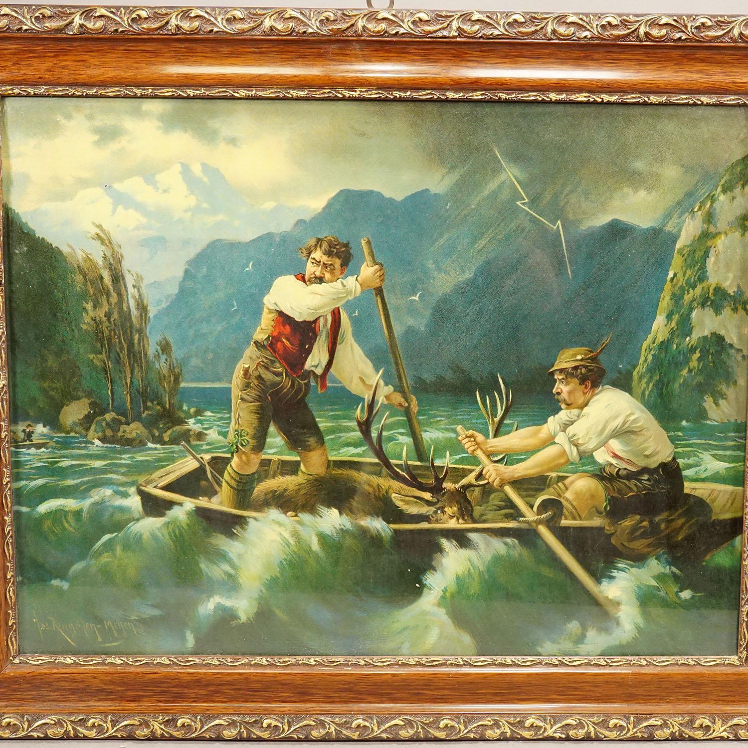 XIXe siècle Impression à l'huile ancienne avec scène de pêcheur dramatique d'après Josef Ringeisen en vente