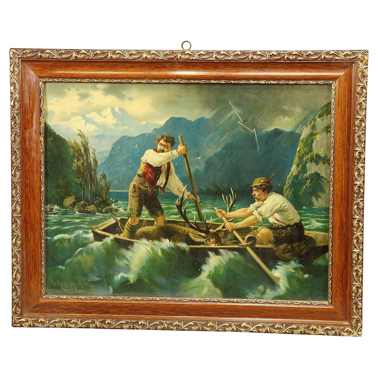 Impression à l'huile ancienne avec scène de pêcheur dramatique d'après Josef Ringeisen en vente