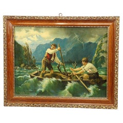 Antique Oil Print with Dramatic Poacher Scene After Josef Ringeisen