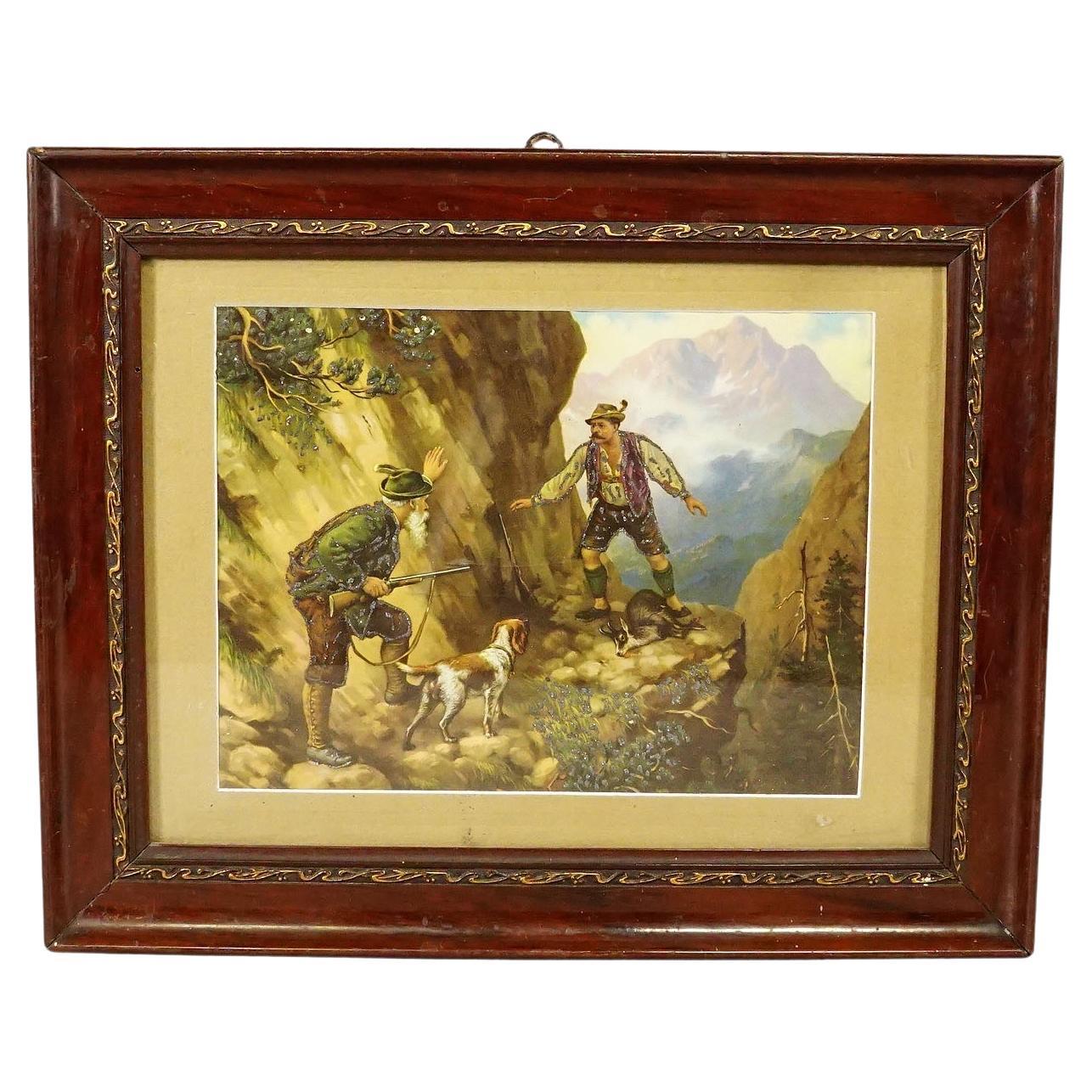 Antique Oil Print with Dramatic Poacher Scene after Josef Ringeisen