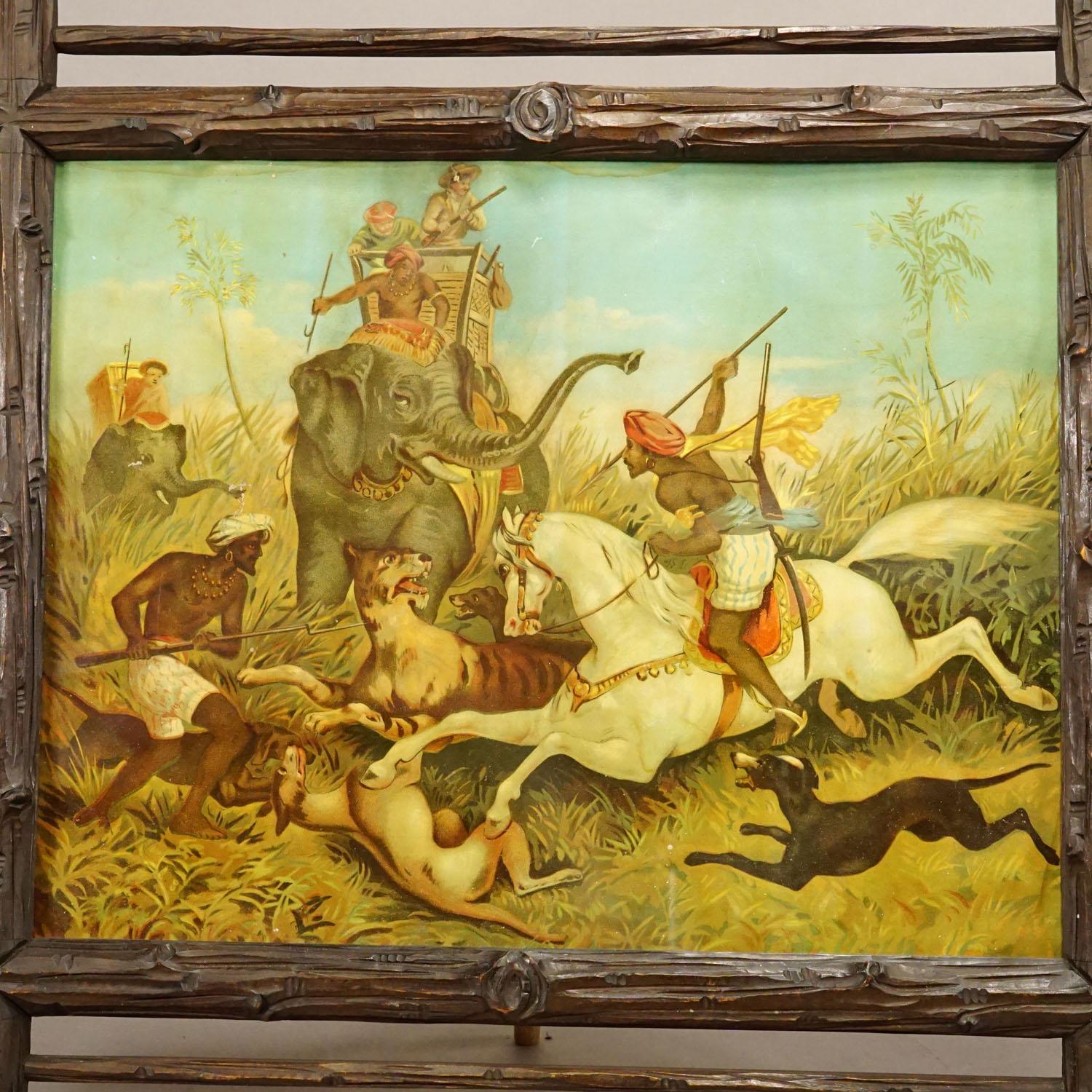 Black Forest Antique Oil Print with Dramatic Tiger Hunting Scene in India, 19th Century For Sale