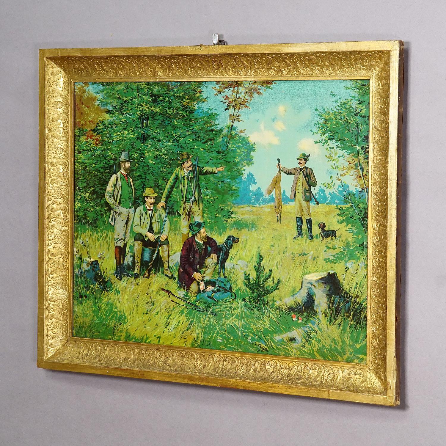 Grabado al óleo antiguo con escena de caza victoriana según Josef Ringeisen

Un colorido grabado al óleo que representa una escena de caza victoriana en el bosque bávaro. Un cazador presenta su caza a sus amigos. El modelo de este grabado es un