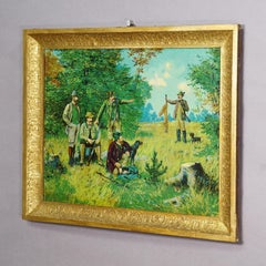 Antique Oil Print with Victorian Hunting Scene after Josef Ringeisen