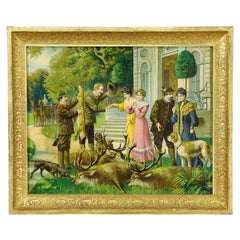 Antique Oil Print with Victorian Hunting Scene after Josef Ringeisen