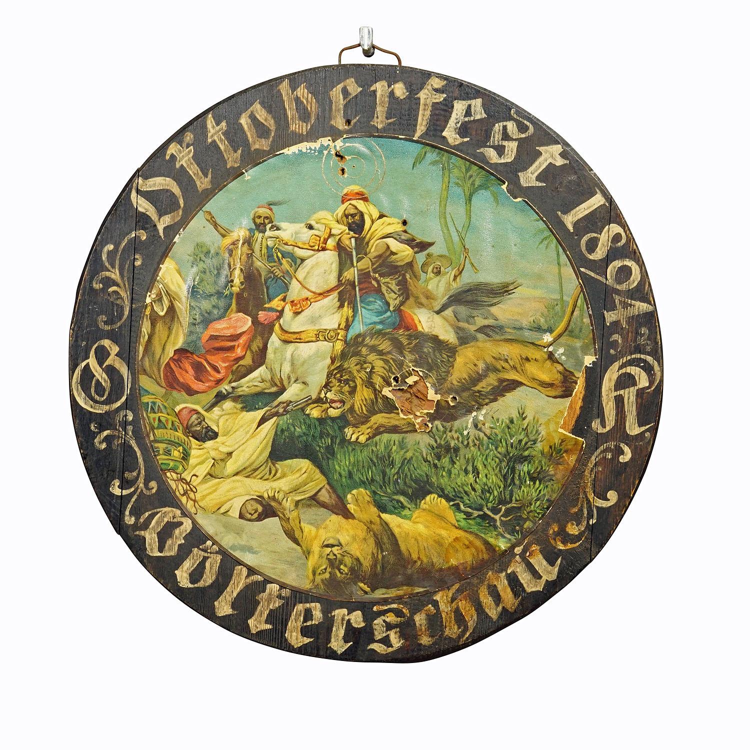 Antique Oktoberfest Marksman Target Plaque, 1894

A rare wooden shooting target plaque with handwritten inscriptions and a print featuring the lion hunt in Arabia. This rare plaque was used on the folk show of the Munich Oktoberfest in 1894.
