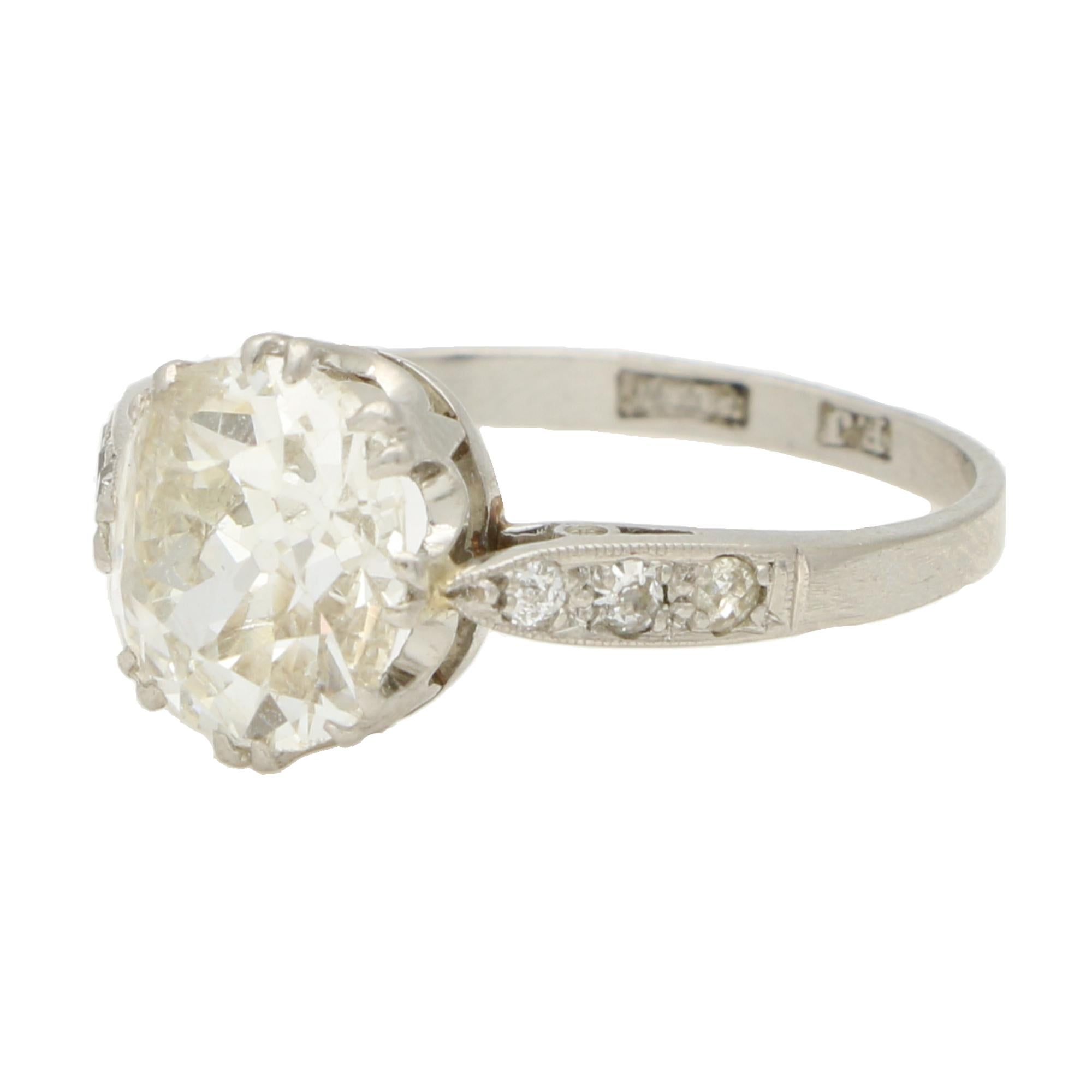 Late Victorian Antique Old 2.80ct Elongated Cushion Cut Diamond Solitaire Ring in Platinum For Sale