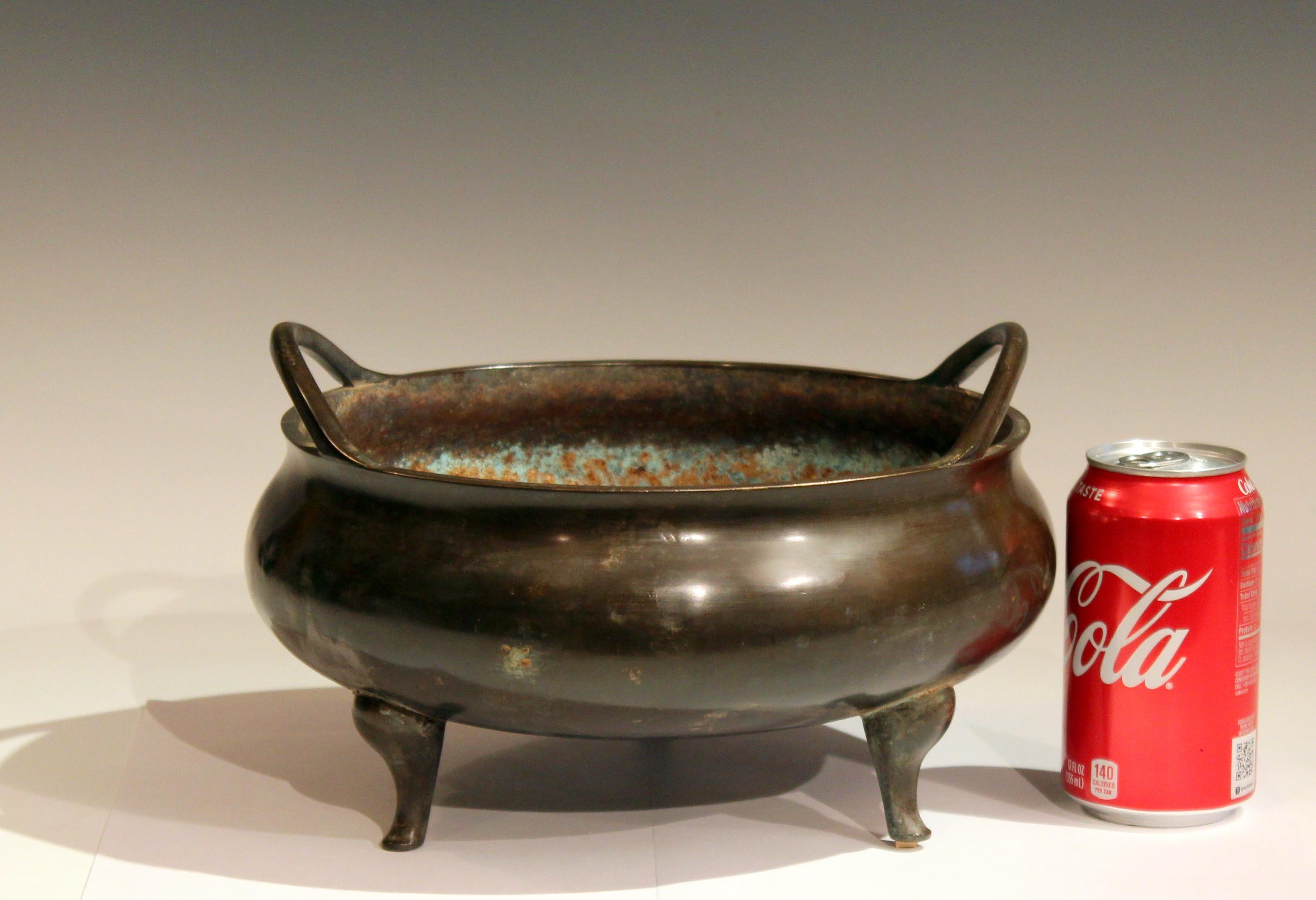 Antique Old Chinese Bronze Large Censor Footed Bowl Antique Patinated 3
