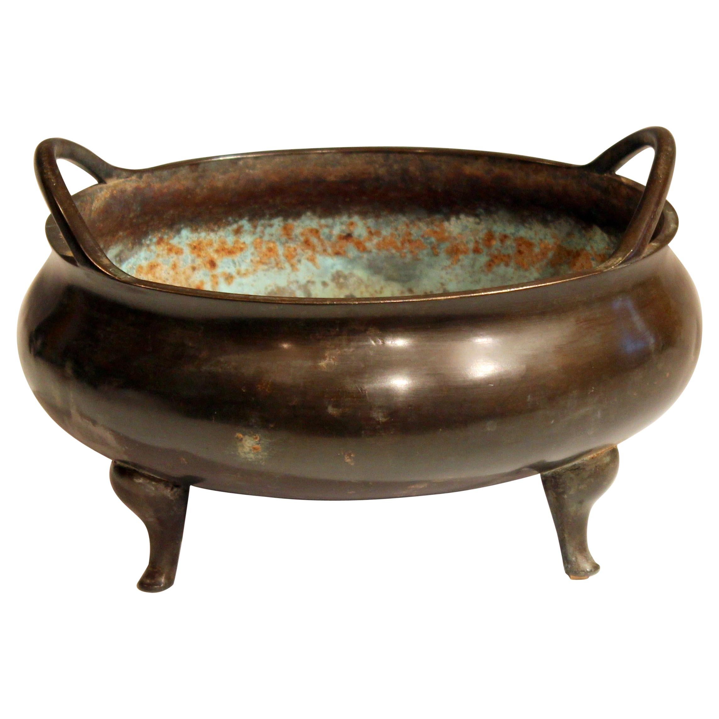 Antique Old Chinese Bronze Large Censor Footed Bowl Antique Patinated For Sale