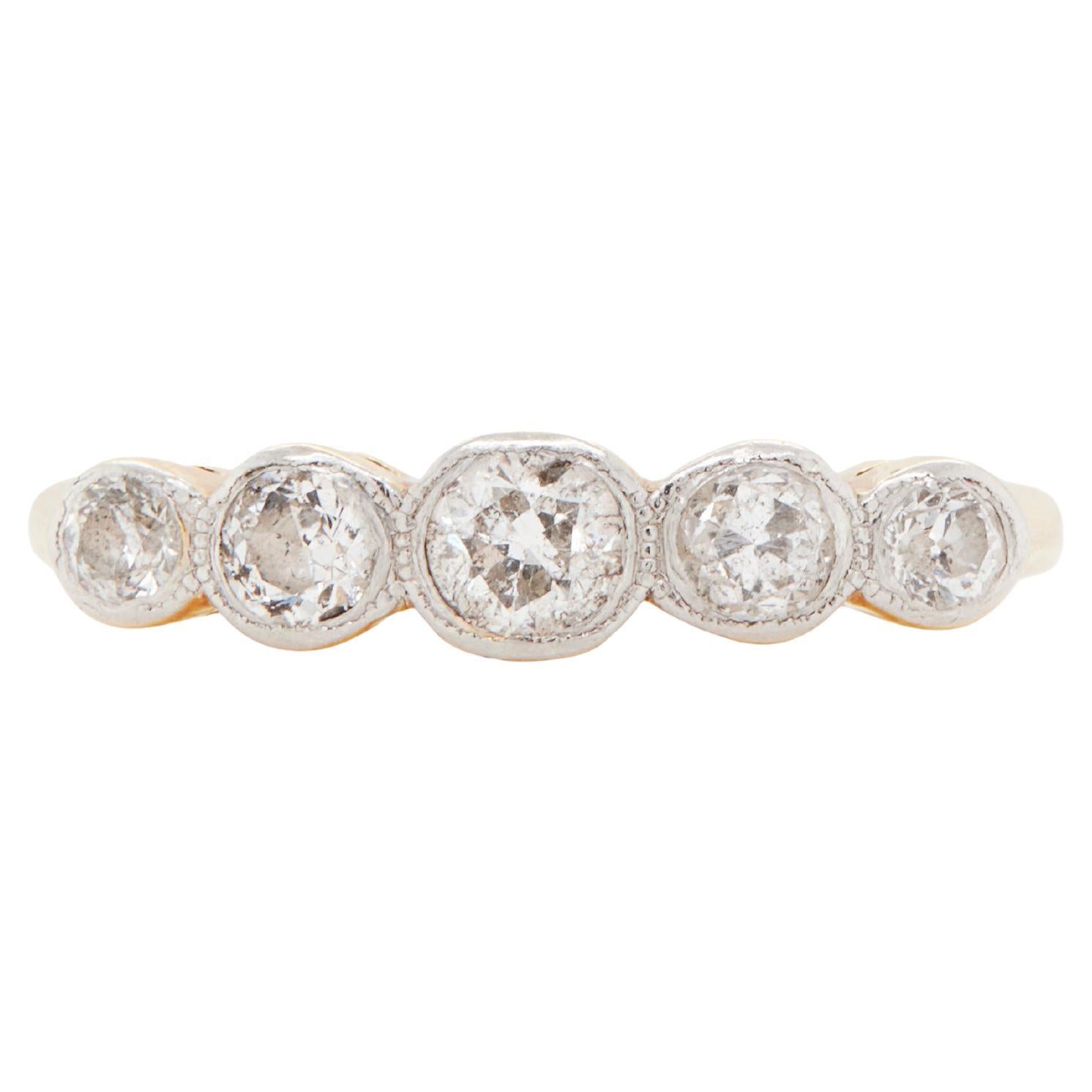 Antique Old Cut Diamond 18 Carat Yellow and White Gold Five-Stone Ring
