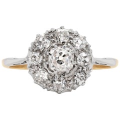 Antique Old Cut Diamond 18 Carat Yellow Gold and Platinum Coronet Cluster Ring