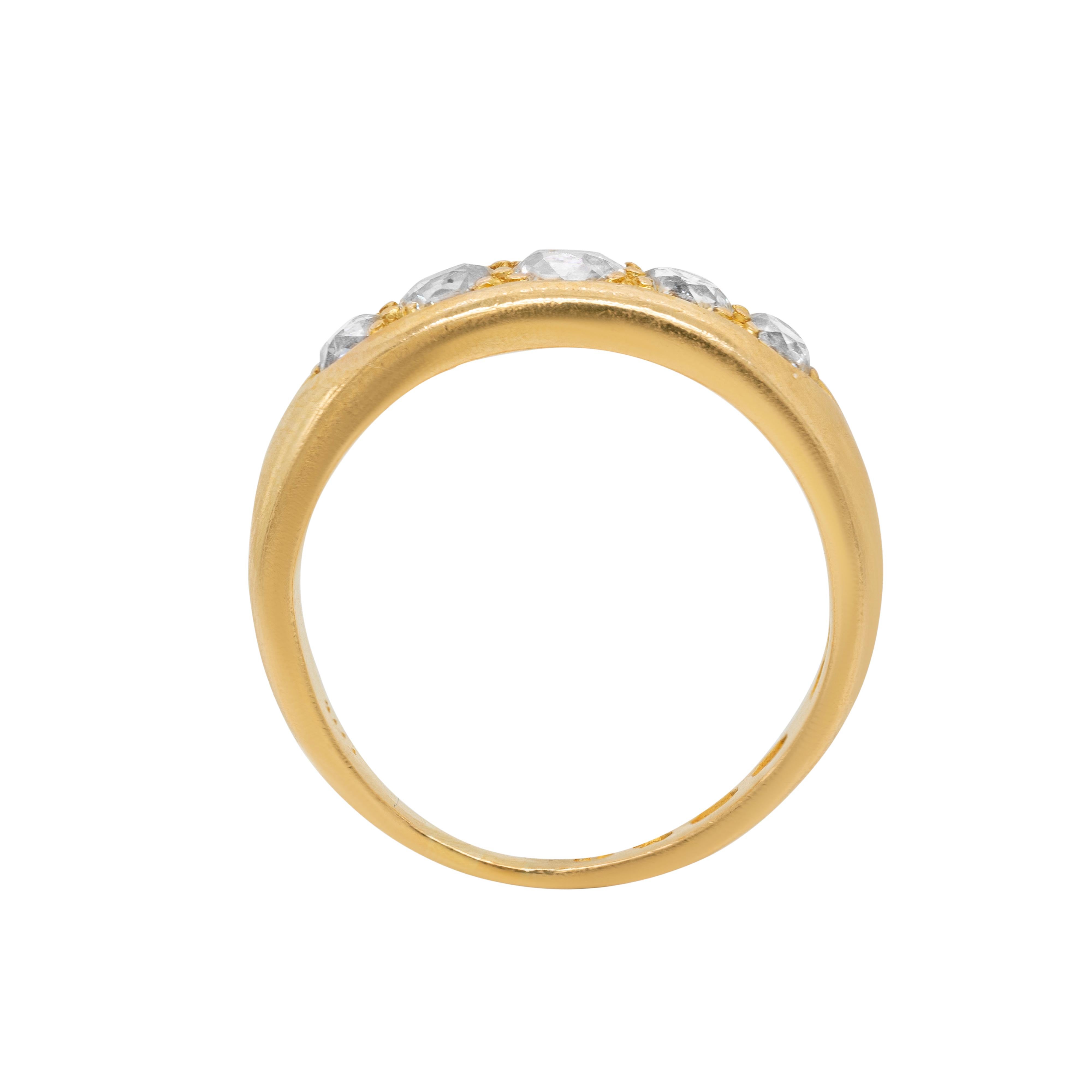 Late Victorian Antique Old Cut Diamond 18 Carat Yellow Gold Five-Stone Ring, 1886 For Sale