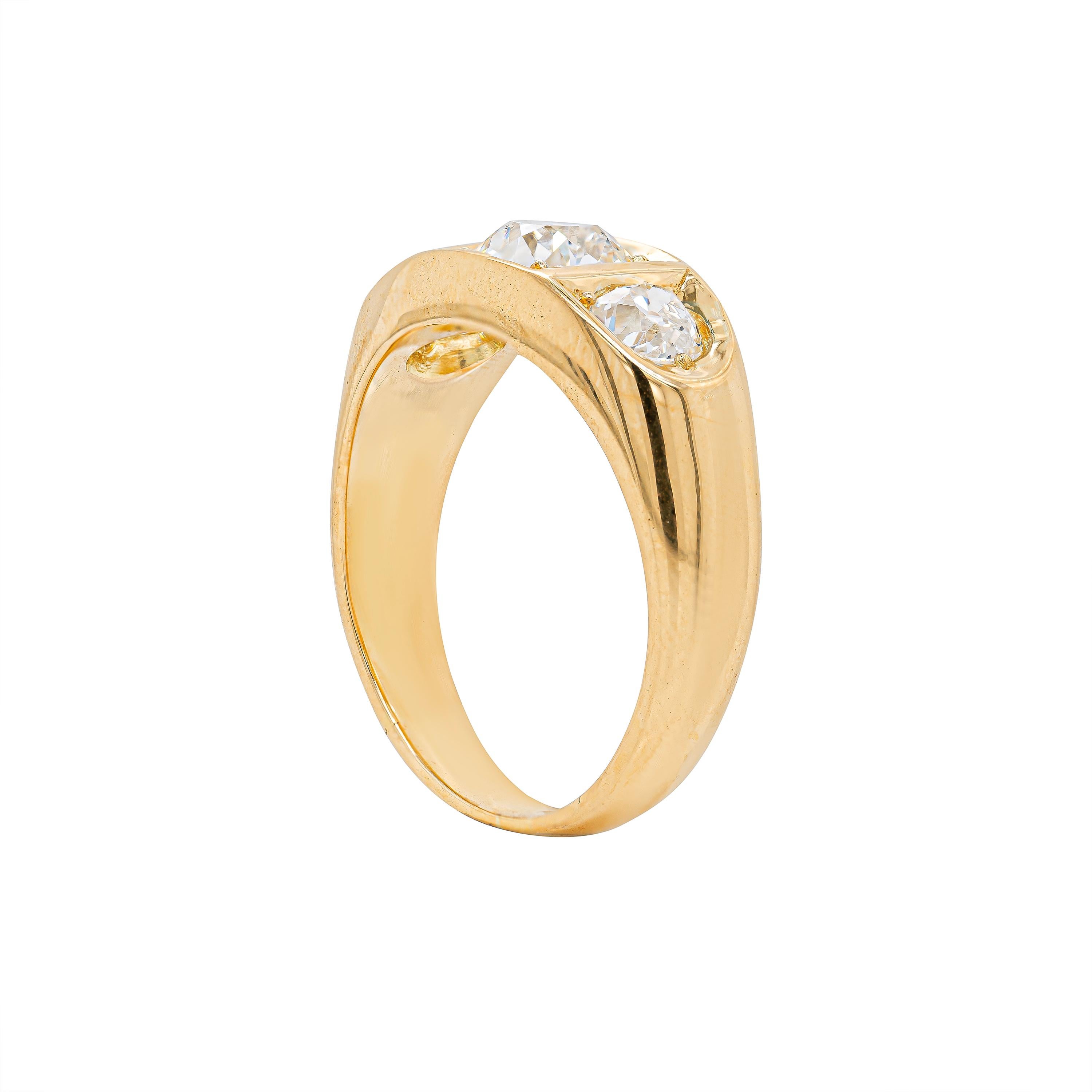 Bold and brilliant, this 18 carat yellow gold gents 'Gypsy' ring is beautifully centred with an old mine cut diamond, set within a square mount. Flanking either side of the centre stone is an additional old mine cut diamond bringing the total