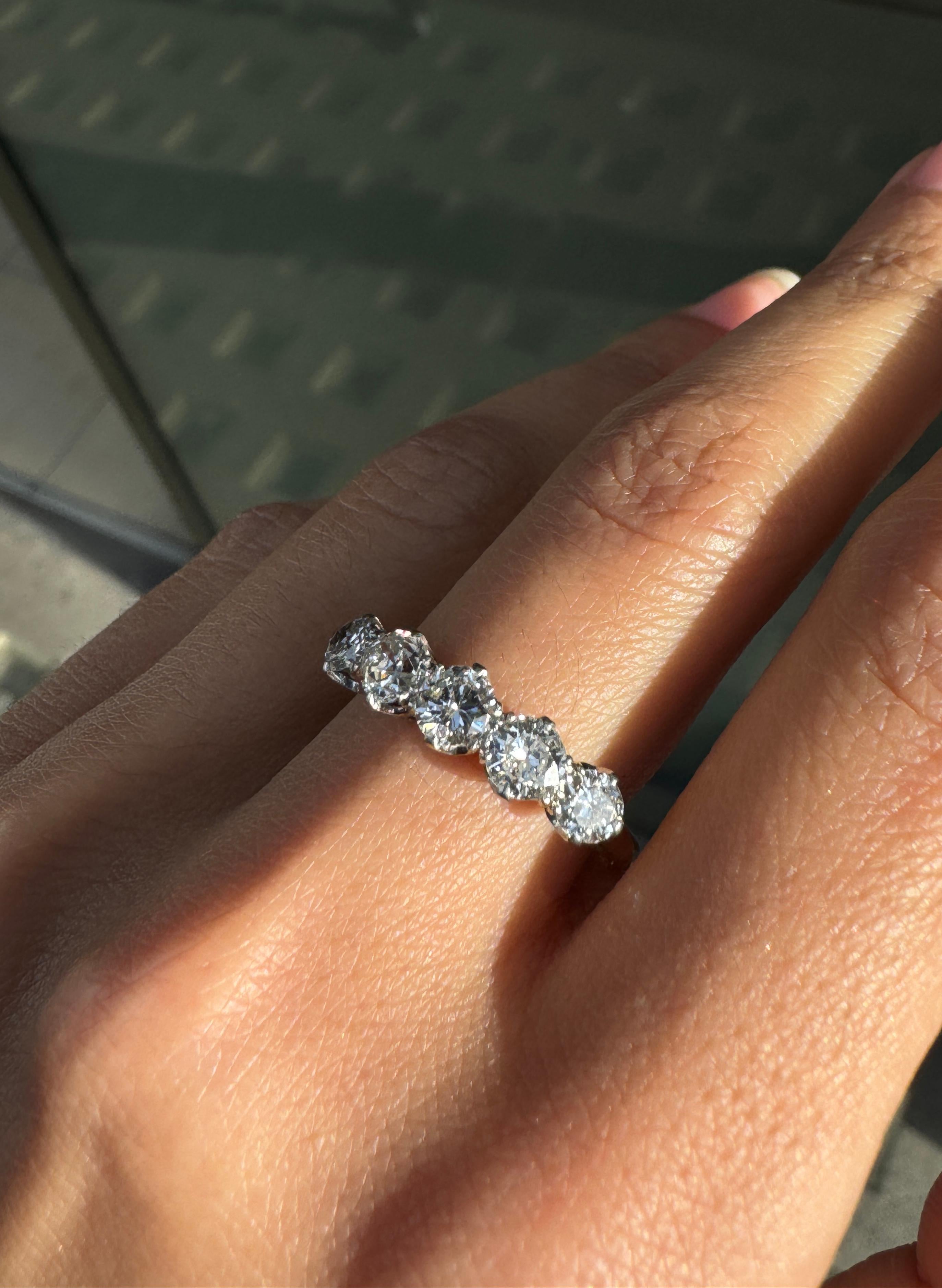 Old European Cut Antique Old Cut Diamond 18 Carat Yellow Gold & Platinum Five Stone Ring For Sale