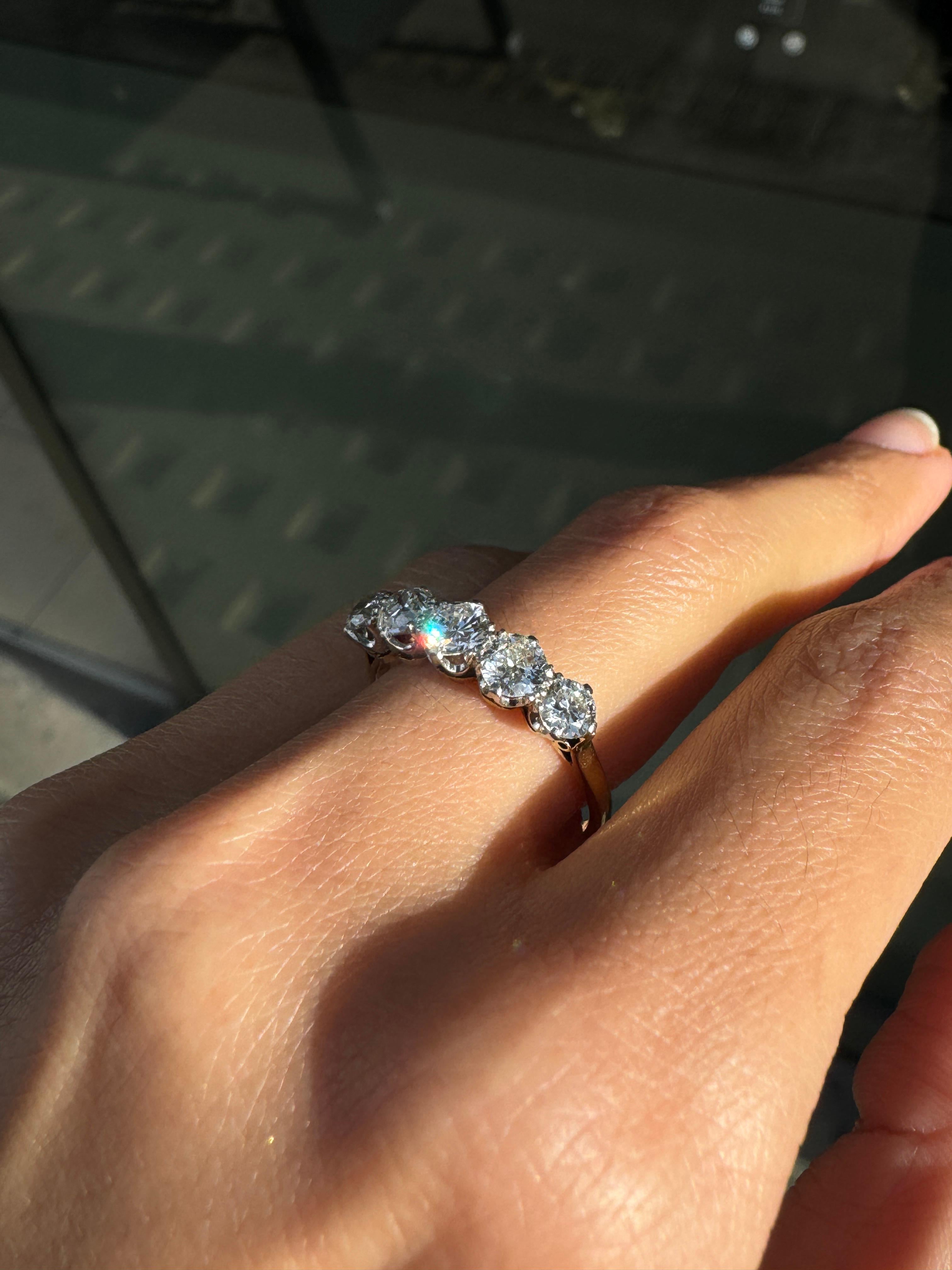 Antique Old Cut Diamond 18 Carat Yellow Gold & Platinum Five Stone Ring For Sale 1
