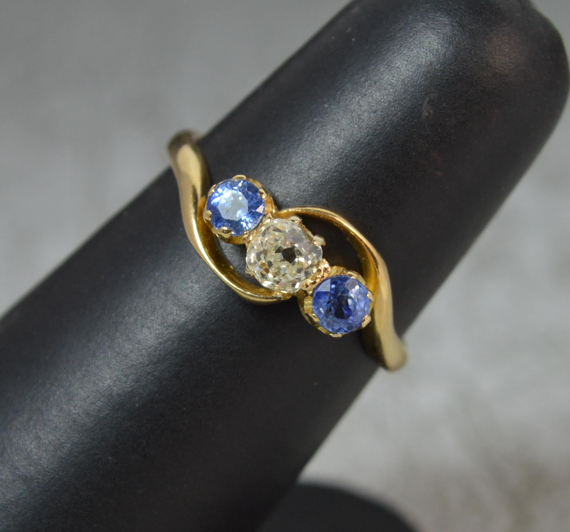 Antique Old Cut Diamond and Ceylon Sapphire 18 Carat Gold Trilogy Ring 3