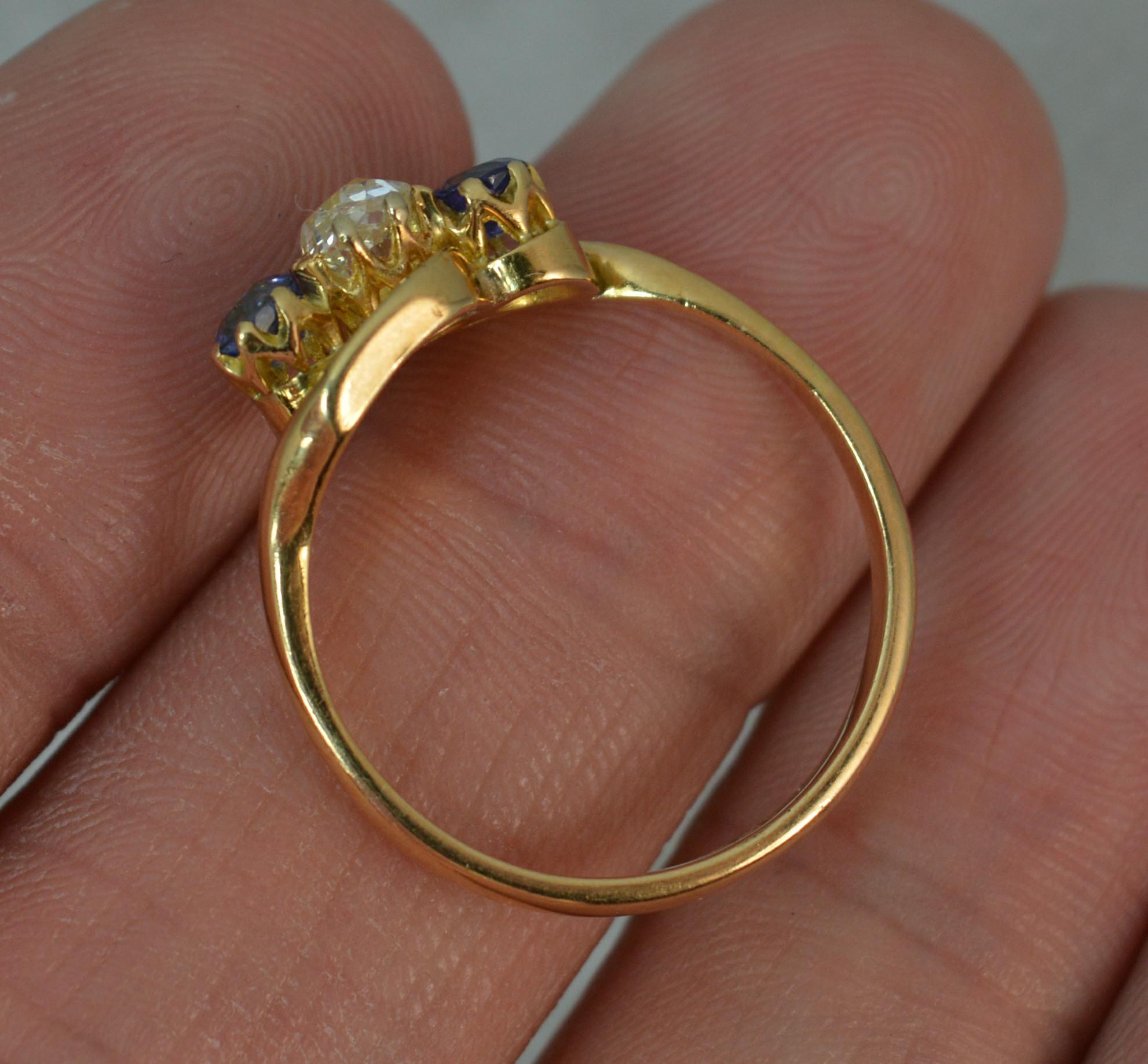 Victorian Antique Old Cut Diamond and Ceylon Sapphire 18 Carat Gold Trilogy Ring