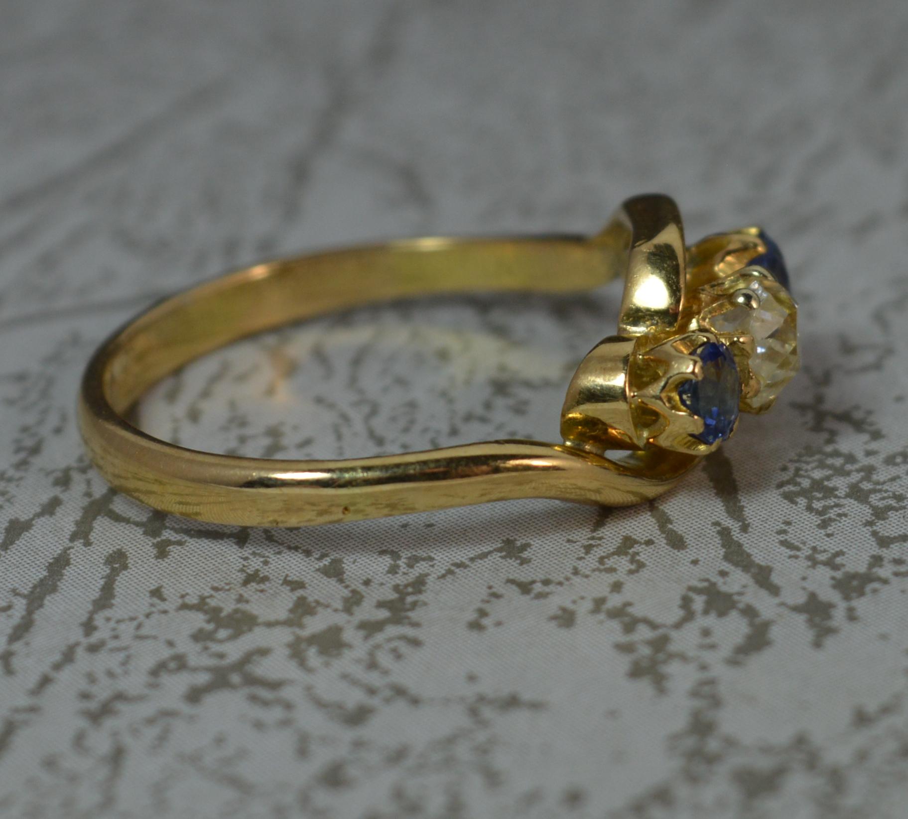 Antique Old Cut Diamond and Ceylon Sapphire 18 Carat Gold Trilogy Ring 1