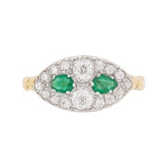 Antique Old Cut Diamond and Emerald Cluster Ring, circa 1900s