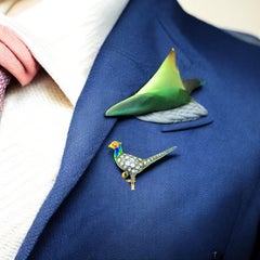 Antique Old Cut Diamond and Enamel Stick Pin of a Pheasant, c. 1875